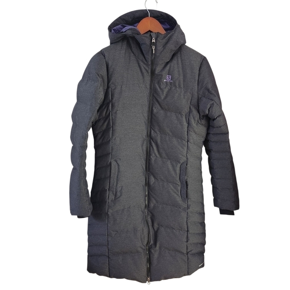SALOMON Women's Coteaux Long down parka puffer hooded Jacket dark grey small